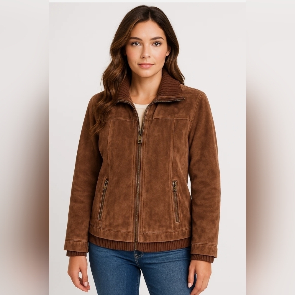 Authentic Washable Suede Jacket Womens Medium Brown Knit Trim Western Cowgirl